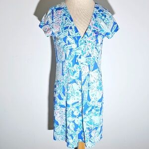 Lilly Pulitzer Shift Dress Vibrant Blue and Pink. Size Small. V neck With Pleat.